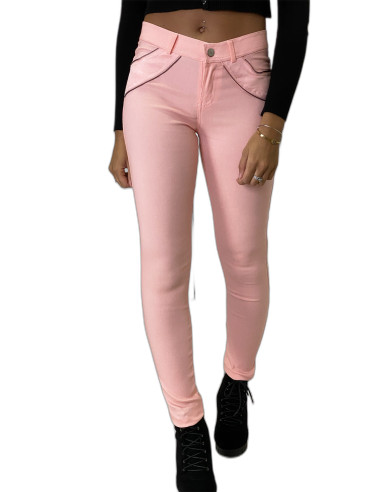 Pantalon slim rose en strech avec zip et suédine à l'avant - 2